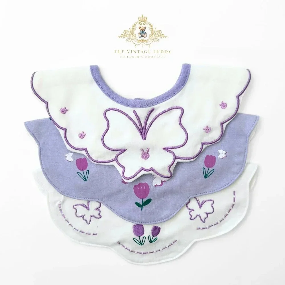 NWT Lovely Boutique Embroidered Girls Baby Bibs Tulips & Butterflies Set of 3